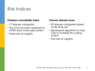  29 disease categories based
on Rx drug use
 Developed algorithm to map
CDS to multiples Rx coding
system
 Two sets of weights
Chronic disease score
 17 disease categories
 The CCS has been adapted to
CPRD data medcodes system
 Three sets of weights
Charlson comorbidity index
Risk Indices
20Charlson, 1987; 36Schneeweiss, 2003; 37Quan, 201; 21Clark, 1995; 38Johnson, 2006 31
 