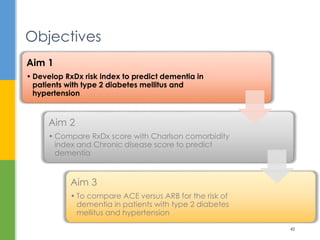 Objectives
42
Aim 1
• Develop RxDx risk index to predict dementia in
patients with type 2 diabetes mellitus and
hypertension
Aim 2
• Compare RxDx score with Charlson comorbidity
index and Chronic disease score to predict
dementia
Aim 3
• To compare ACE versus ARB for the risk of
dementia in patients with type 2 diabetes
mellitus and hypertension
 