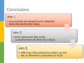 Conclusions
57
Aim 1
• Successfully developed and validated
RxDx-Dementia Risk Index
Aim 2
• RxDx-Dementia Risk Index
outperformed all other risk indices
Aim 3
• ARB may offer protective effect on the
risk of dementia compared to ACEI
 