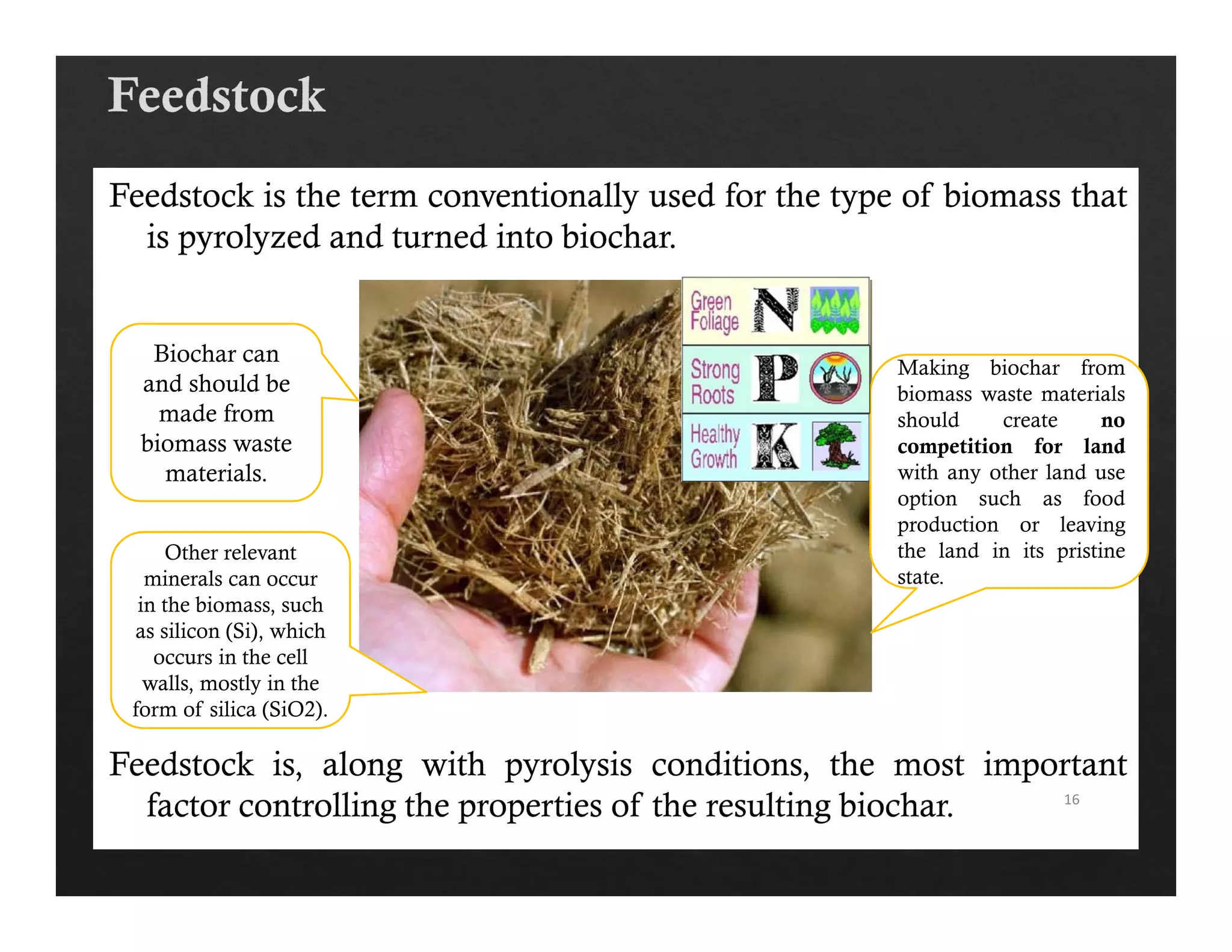 16 
Other relevant 
minerals can occur 
in the biomass, such 
as silicon (Si), which 
occurs in the cell 
walls, mostly in the 
form of silica (SiO2). 
Making biochar from 
biomass waste materials 
should create no 
competition for land 
with any other land use 
option such as food 
production or leaving 
the land in its pristine 
state. 
Biochar can 
and should be 
made from 
biomass waste 
materials. 
 