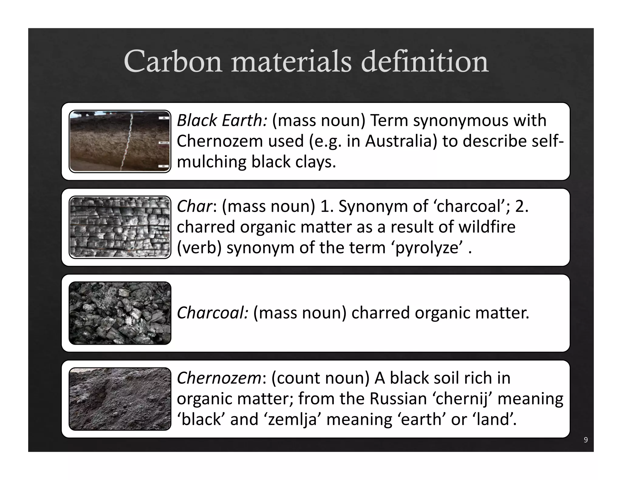 Black Earth: (mass noun) Term synonymous with 
Chernozem used (e.g. in Australia) to describe self‐mulching 
black clays. 
Char: (mass noun) 1. Synonym of ‘charcoal’; 2. 
charred organic matter as a result of wildfire 
(verb) synonym of the term ‘pyrolyze’ . 
Charcoal: (mass noun) charred organic matter. 
Chernozem: (count noun) A black soil rich in 
organic matter; from the Russian ‘chernij’ meaning 
‘black’ and ‘zemlja’ meaning ‘earth’ or ‘land’. 
9 
 