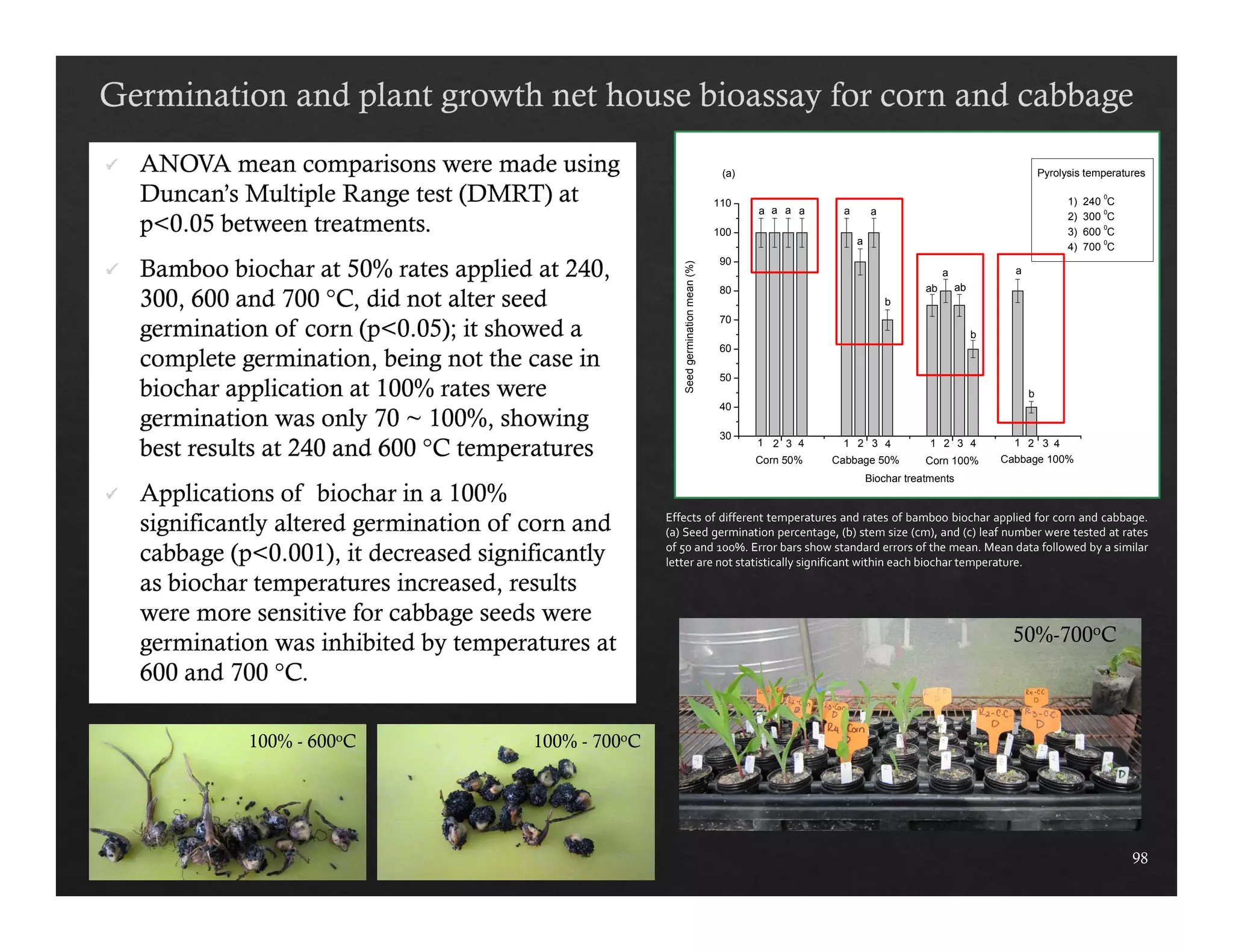 98 
a a a a a 
a 
1 2 3 4 
1 2 3 4 
110 
100 
90 
80 
70 
60 
50 
40 
30 
b 
a 
b 
ab 
a 
ab 
b 
a 
1 2 3 4 1 2 3 4 1 2 3 4 
Seed germination mean (%) 
Biochar treatments 
Pyrolysis temperatures 
1) 240 0C 
2) 300 0C 
3) 600 0C 
4) 700 0C 
Corn 50% Cabbage 50% Corn 100% Cabbage 100% 
(a) 
Effects of different temperatures and rates of bamboo biochar applied for corn and cabbage. 
(a) Seed germination percentage, (b) stem size (cm), and (c) leaf number were tested at rates 
of 50 and 100%. Error bars show standard errors of the mean. Mean data followed by a similar 
letter are not statistically significant within each biochar temperature. 
100% - 600oC 100% - 700oC 
50%-700oC 
 