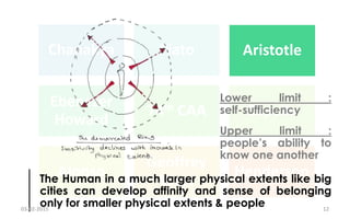 Chanakya Plato Aristotle
Ebenezer
Howard
74th CAA Capello
Alonso
Geoffrey
West
Henderson
Aristotle
The Human in a much larger physical extents like big
cities can develop affinity and sense of belonging
only for smaller physical extents & people
Lower limit :
self-sufficiency
Upper limit :
people’s ability to
know one another
03-02-2015 12
 