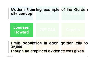 Chanakya Plato Aristotle
Ebenezer
Howard
74th CAA Capello
Alonso
Geoffrey
West
Henderson
Ebenezer
Howard
Limits population in each garden city to
32,000.
Though no empirical evidence was given
Modern Planning example of the Garden
city concept
03-02-2015 14
 