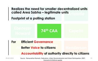 Chanakya Plato Aristotle
Ebenezer
Howard
74th CAA Capello
Alonso
Geoffrey
West
Henderson
74th CAA
For Efficient Governance
Better Voice to citizens
Accountability of authority directly to citizens
Realizes the need for smaller decentralized units
called Area Sabha – legitimate units
Footprint of a polling station
03-02-2015 15Source - Ramanathan Ramesh, Federalism, Urban Decentralisation and Citizen Participation, 2007,
Economic & Political weekly
 