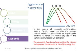 Social
Energy
Governance
Economic
In the concept of economic agglomeration,
Roberto Capello found out that the average
location benefit curve increases for higher order
functions & hence the optimal city size for the
higher order functions will be higher.
The economic functions characterising the city are
an important determinant of the efficient city size.
City size
Agglomeratio
n economies
f1 f2 f3
03-02-2015 31Source - Capello Roberta, Urban Growth: Is It a Never Ending Story?
 