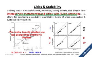 Geoffrey West – in his work Growth, innovation, scaling, and the pace of life in cities
interestingly metamorphosed cities with living organism in his
efforts for developing a predictive, quantitative theory of urban organization &
sustainable development.
. Per capita, big city dwellers use
less energy than small town
dwellers
All the infrastructure costs behave in the similar manner
03-02-2015 46Source - West Geoffrey, Growth, innovation, scaling, and the pace of life in cities, PNAS, (2007)
Cities & Scalability
 