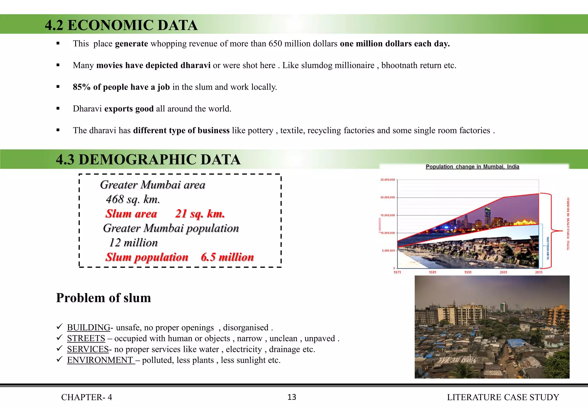 4.2 ECONOMIC DATA
Problem of slum
✓ BUILDING- unsafe, no proper openings , disorganised .
✓ STREETS – occupied with human or objects , narrow , unclean , unpaved .
✓ SERVICES- no proper services like water , electricity , drainage etc.
✓ ENVIRONMENT – polluted, less plants , less sunlight etc.
Greater Mumbai area
468 sq. km.
Slum area 21 sq. km.
Greater Mumbai population
12 million
Slum population 6.5 million
4.3 DEMOGRAPHIC DATA
▪ This place generate whopping revenue of more than 650 million dollars one million dollars each day.
▪ Many movies have depicted dharavi or were shot here . Like slumdog millionaire , bhootnath return etc.
▪ 85% of people have a job in the slum and work locally.
▪ Dharavi exports good all around the world.
▪ The dharavi has different type of business like pottery , textile, recycling factories and some single room factories .
CHAPTER- 4 LITERATURE CASE STUDY13
 