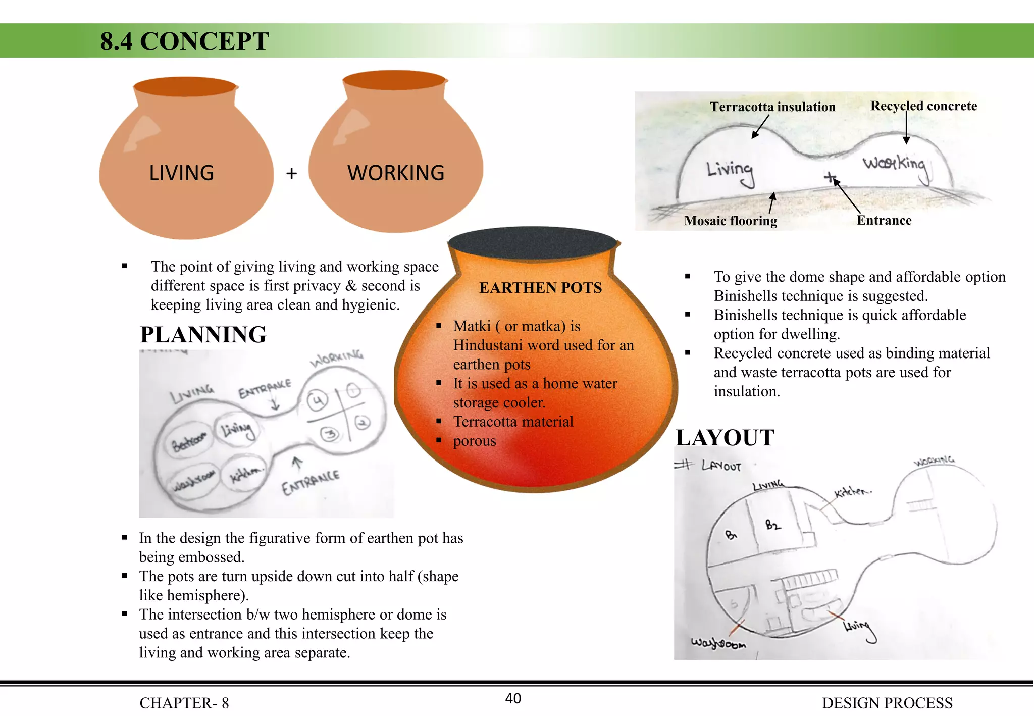 40
8.4 CONCEPT
EARTHEN POTS
▪ Matki ( or matka) is
Hindustani word used for an
earthen pots
▪ It is used as a home water
storage cooler.
▪ Terracotta material
▪ porous
▪ In the design the figurative form of earthen pot has
being embossed.
▪ The pots are turn upside down cut into half (shape
like hemisphere).
▪ The intersection b/w two hemisphere or dome is
used as entrance and this intersection keep the
living and working area separate.
LIVING + WORKING
▪ The point of giving living and working space
different space is first privacy & second is
keeping living area clean and hygienic.
Recycled concrete
Mosaic flooring
Terracotta insulation
Entrance
PLANNING
LAYOUT
▪ To give the dome shape and affordable option
Binishells technique is suggested.
▪ Binishells technique is quick affordable
option for dwelling.
▪ Recycled concrete used as binding material
and waste terracotta pots are used for
insulation.
CHAPTER- 8 DESIGN PROCESS
 