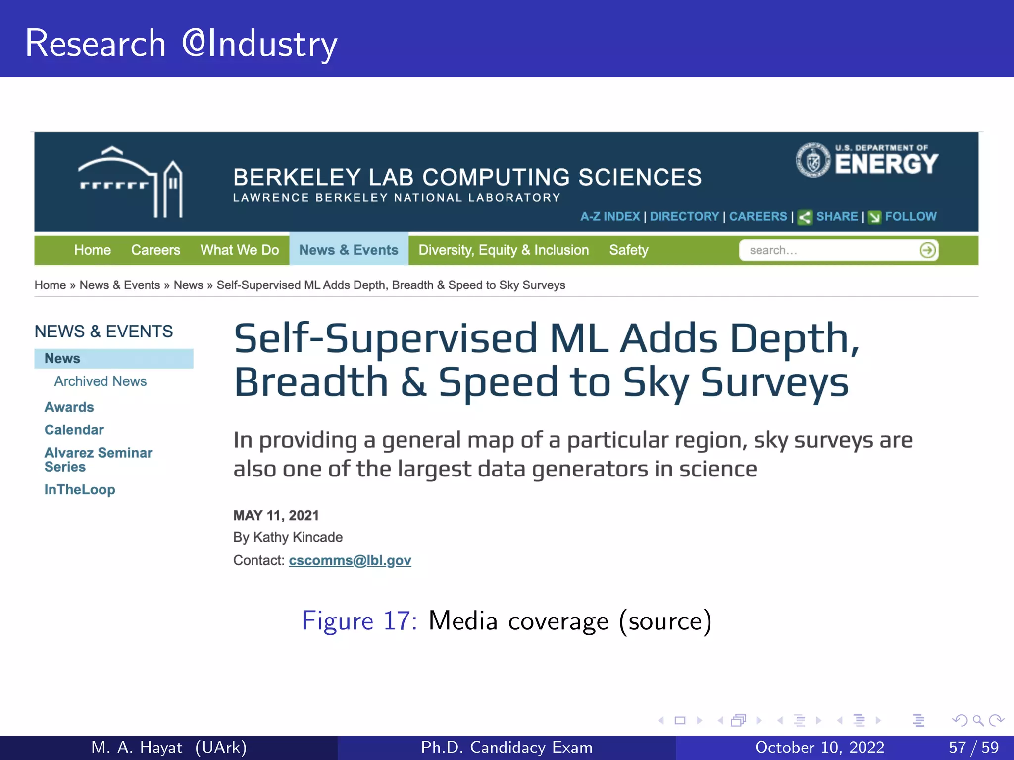 Research @Industry
Figure 17: Media coverage (source)
M. A. Hayat (UArk) Ph.D. Candidacy Exam October 10, 2022 57 / 59
 