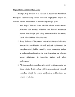 115
Organizational Plannin Strategic Goals
Borongan City Division as a Division of Educational Excellence,
through the seven secondary schools shall direct all programs, projects and
activities towards the attainment of the following strategic goals:
1. Zero dropout rate and failure rate and help the school students
overcome their reading difficulties and become independent
readers. This strategic goal is very important to hold the students
stay in schooluntil the schoolyear ends.
2. To get the interst of the students in attending classes and ultimately
improve their participation rate and academic performance, the
secondary school shall be manned by strong instructional leaders,
as well as dedicated teachers who have the charisma and influence
among stakeholders in improving students and school
performance.
3. All the respondents secondary schools shall be interconnected and
linked with the division office, with the community and within all
secondary schools for proper coodination, collaboration, and
synergy of activities.
 