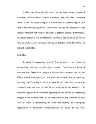 121
Further, the financial plan refers to the three primary financial
statements (balance sheet, income statement, and cash flow statement)
created within the operational plan. Financial forecast or financial plan also
refer to the annual projection of the schools’ income and expenses for the
school-community led effort or activities to improve school’s performance.
The financial plan is also an estimate of cash needs and a decision on how to
raise the cash, such as through borrowing or donations from the internal or
external stakeholders.
Cash Flow
In financial accounting, a cash flow statement, also known as
statement of cash flows or funds flow statement. Cash flow is a financial
statement that shows how changes in balance sheet accounts and income
affect cash and cash equivalents, and breaks the analysis down to operating,
investing, and financing activities. Essentially, the cash flow statement is
concerned with the flow of cash in and cash out of the business. The
statement captures both the current operating results and the accompanying
changes in the balance sheet. As an analytical tool, the statement of cash
flows is useful in determining the short-term viability of a company,
organization or intitutions/schoolsparticularly its ability to pay bills.
 