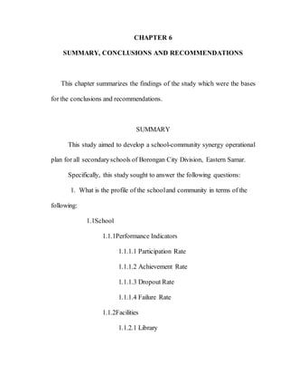129
CHAPTER 6
SUMMARY, CONCLUSIONS AND RECOMMENDATIONS
This chapter summarizes the findings of the study which were the bases
for the conclusions and recommendations.
SUMMARY
This study aimed to develop a school-community synergy operational
plan for all secondaryschools of Borongan City Division, Eastern Samar.
Specifically, this study sought to answer the following questions:
1. What is the profile of the schooland community in terms of the
following:
1.1School
1.1.1Performance Indicators
1.1.1.1 Participation Rate
1.1.1.2 Achievement Rate
1.1.1.3 Dropout Rate
1.1.1.4 Failure Rate
1.1.2Facilities
1.1.2.1 Library
 