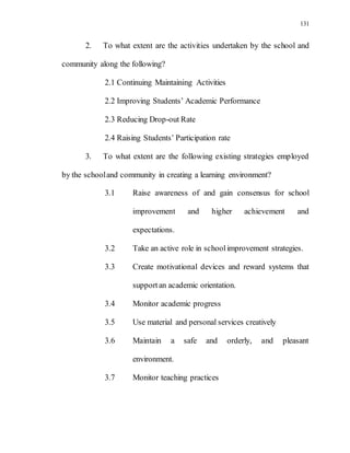 131
2. To what extent are the activities undertaken by the school and
community along the following?
2.1 Continuing Maintaining Activities
2.2 Improving Students’ Academic Performance
2.3 Reducing Drop-out Rate
2.4 Raising Students’ Participation rate
3. To what extent are the following existing strategies employed
by the schooland community in creating a learning environment?
3.1 Raise awareness of and gain consensus for school
improvement and higher achievement and
expectations.
3.2 Take an active role in schoolimprovement strategies.
3.3 Create motivational devices and reward systems that
supportan academic orientation.
3.4 Monitor academic progress
3.5 Use material and personal services creatively
3.6 Maintain a safe and orderly, and pleasant
environment.
3.7 Monitor teaching practices
 