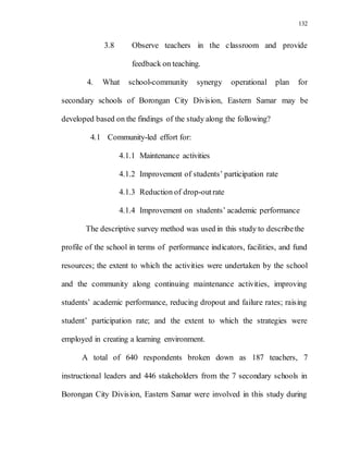 132
3.8 Observe teachers in the classroom and provide
feedback on teaching.
4. What school-community synergy operational plan for
secondary schools of Borongan City Division, Eastern Samar may be
developed based on the findings of the study along the following?
4.1 Community-led effort for:
4.1.1 Maintenance activities
4.1.2 Improvement of students’ participation rate
4.1.3 Reduction of drop-outrate
4.1.4 Improvement on students’ academic performance
The descriptive survey method was used in this study to describethe
profile of the school in terms of performance indicators, facilities, and fund
resources; the extent to which the activities were undertaken by the school
and the community along continuing maintenance activities, improving
students’ academic performance, reducing dropout and failure rates; raising
student’ participation rate; and the extent to which the strategies were
employed in creating a learning environment.
A total of 640 respondents broken down as 187 teachers, 7
instructional leaders and 446 stakeholders from the 7 secondary schools in
Borongan City Division, Eastern Samar were involved in this study during
 