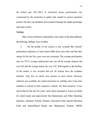 133
the school year 2011-2012, A structured survey questionnaire was
constructed by the researcher to gather data needed to answer questions
posted. The data was tabulated and computed through the simple percentage
and mean system.
Findings
After several statistical computations were made on the data gathered,
the following findings were revealed.
1. On the profile of the school, it was revealed that schools’
performance indicators of each school differ from each other and that their
ratings for the last five years were not consistent. The average participation
rate was 95.37, average achievement rate was 68.36, average dropout rate
was 2.82 and the average failure rate was 3.52. With regards to the facilities
of the school, it was revealed that not all schools have the complete
facilities. Very few of which were present in each school. However,
whatever was available, the school maximizes its usability since it has been
installed or erected in their respective schools. On fund resources, it was
shown that for the last five years, each school managed to source out funds
for school needs and improvement like Maintenance and Other Operating
Expenses, donations, Parents Teachers Association fund, Special Education
Fund and School-Based Repair and Maintenance Scheme. MOOE
 