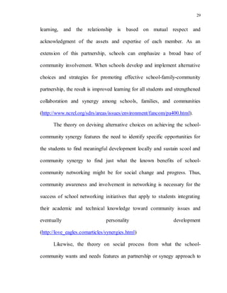 29
learning, and the relationship is based on mutual respect and
acknowledgment of the assets and expertise of each member. As an
extension of this partnership, schools can emphasize a broad base of
community involvement. When schools develop and implement alternative
choices and strategies for promoting effective school-family-community
partnership, the result is improved learning for all students and strengthened
collaboration and synergy among schools, families, and communities
(http://www.ncrel.org/sdrs/areas/issues/environment/fancom/pa400.html).
The theory on devising alternative choices on achieving the school-
community synergy features the need to identify specific opportunities for
the students to find meaningful development locally and sustain scool and
community synergy to find just what the known benefits of school-
community networking might be for social change and progress. Thus,
community awareness and involvement in networking is necessary for the
success of school networking initiatives that apply to students integrating
their academic and technical knowledge toward community issues and
eventually personality development
(http://love_eagles.comarticles/synergies.html)
Likewise, the theory on social process from what the school-
community wants and needs features an partnership or synegy approach to
 