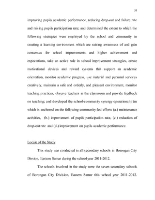 53
improving pupils academic performance, reducing drop-out and failure rate
and raising pupils participation rate; and determined the extent to which the
following strategies were employed by the school and community in
creating a learning environment which are raising awareness of and gain
consensus for school improvements and higher achievement and
expectations, take an active role in school improvement strategies, create
motivational devices and reward systems that support an academic
orientation, monitor academic progress, use material and personal services
creatively, maintain a safe and orderly, and pleasant environment, monitor
teaching practices, observe teachers in the classroom and provide feedback
on teaching; and developed the school-community synergy operational plan
which is anchored on the following community-led efforts (a.) maintenance
activities, (b.) improvement of pupils participation rate, (c.) reduction of
drop-outrate and (d.) improvement on pupils academic performance.
Locale of the Study
This study was conducted in all secondary schools in Borongan City
Divsion, Eastern Samar during the schoolyear 2011-2012.
The schools involved in the study were the seven secondary schools
of Borongan City Division, Eastern Samar this school year 2011-2012.
 