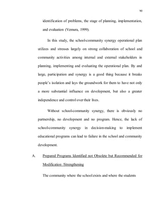90
identification of problems, the stage of planning, implementation,
and evaluation (Vemura, 1999).
In this study, the school-community synergy operational plan
utilizes and stresses largely on strong collaboration of school and
community activities among internal and external stakeholders in
planning, implementing and evaluating the operational plan. By and
large, participation and synergy is a good thing because it breaks
people’s isolation and lays the groundwork for them to have not only
a more substantial influence on development, but also a greater
independence and control over their lives.
Without school-community synergy, there is obviously no
partnership, no development and no program. Hence, the lack of
school-community synergy in decision-making to implement
educational programs can lead to failure in the school and community
development.
A. Prepared Programs Identified not Obsolete but Recommended for
Modification /Strengthening
The community where the schoolexists and where the students
 