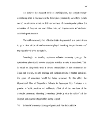 99
To achieve the planned level of participation, the school-synergy
operational plan is focused on the following community-led efforts which
are (a) maintenance activities, (b) improvement of students participation, (c)
reduction of dropout rate and failure rate; (d) improvement of students’
academic performance.
The said community-led effort/activities is presented in a matrix form
to get a clear vision of mechanisms employed in raising the performance of
the students vis-à-vis the school.
Seemingly, to develop optimum school-community synergy, the
operational plan would involve everyone who has a stake in the school. This
is based on the premise that if various stakeholders in the community are
organized to plan, initiate, manage and support all school related activities,
the goals of education would be better achieved. To this effect the
Operational Plan of Secondary Schools in Borongan City Division is a
product of self-conscious and deliberate effort of all the members of the
School-Community Planning Committee (SWPC) with the full of all the
internal and external stakeholders in the school.
VII School-Community Synergy Operational Plan in MATRIX
 