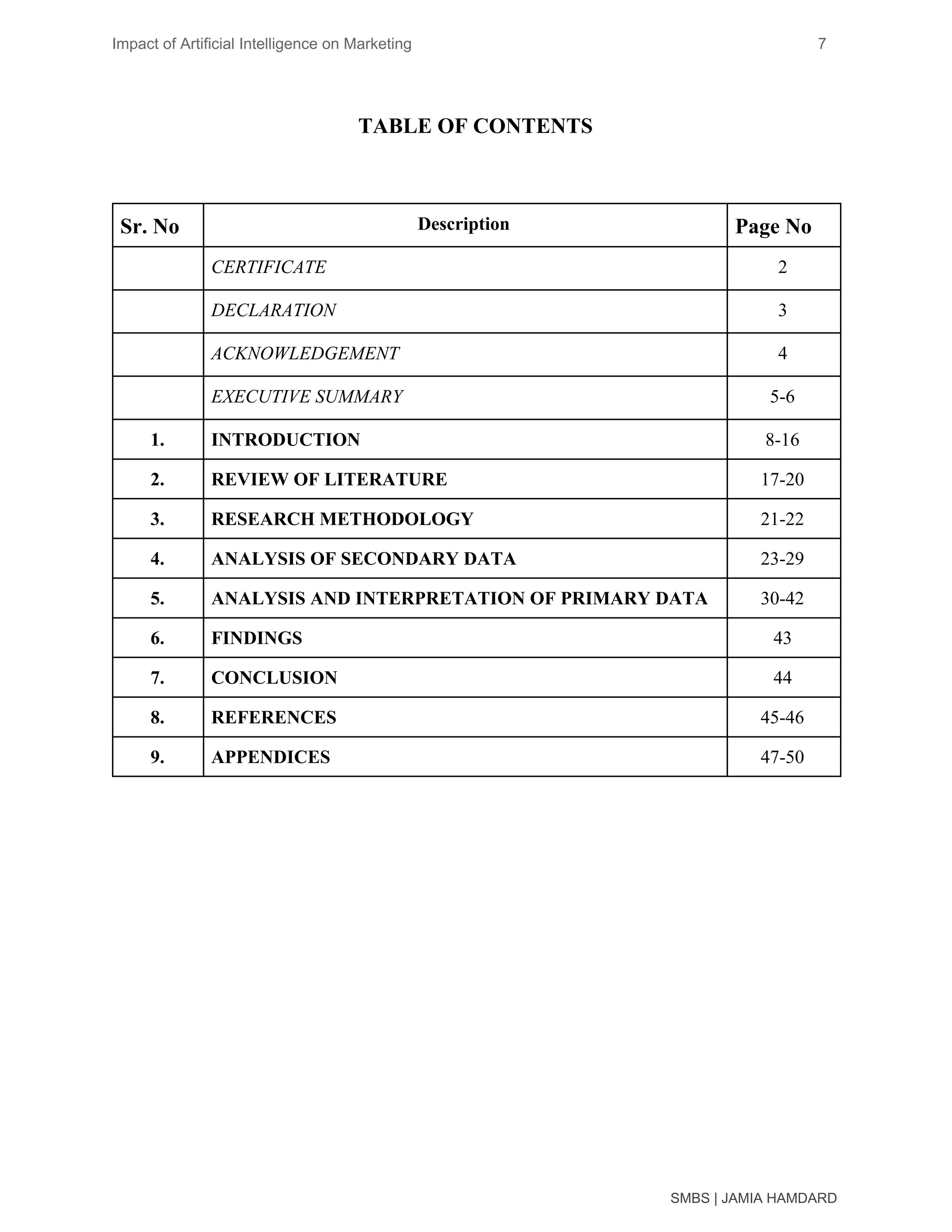 Impact of Artificial Intelligence on Marketing 7
TABLE OF CONTENTS
SMBS | JAMIA HAMDARD
Sr. No Description Page No
CERTIFICATE 2
DECLARATION 3
ACKNOWLEDGEMENT 4
EXECUTIVE SUMMARY 5-6
1. INTRODUCTION 8-16
2. REVIEW OF LITERATURE 17-20
3. RESEARCH METHODOLOGY 21-22
4. ANALYSIS OF SECONDARY DATA 23-29
5. ANALYSIS AND INTERPRETATION OF PRIMARY DATA 30-42
6. FINDINGS 43
7. CONCLUSION 44
8. REFERENCES 45-46
9. APPENDICES 47-50
 