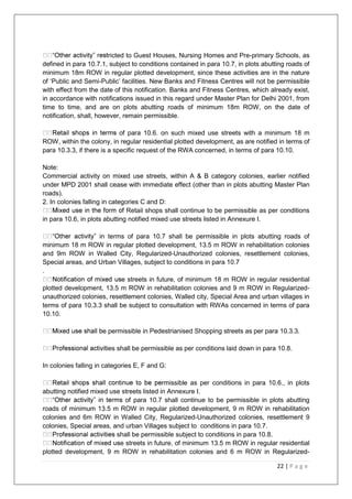 22 | P a g e
ricted to Guest Houses, Nursing Homes and Pre-primary Schools, as
defined in para 10.7.1, subject to conditions contained in para 10.7, in plots abutting roads of
minimum 18m ROW in regular plotted development, since these activities are in the nature
of ‗Public and Semi-Public‘ facilities. New Banks and Fitness Centres will not be permissible
with effect from the date of this notification. Banks and Fitness Centres, which already exist,
in accordance with notifications issued in this regard under Master Plan for Delhi 2001, from
time to time, and are on plots abutting roads of minimum 18m ROW, on the date of
notification, shall, however, remain permissible.
of para 10.6. on such mixed use streets with a minimum 18 m
ROW, within the colony, in regular residential plotted development, as are notified in terms of
para 10.3.3, if there is a specific request of the RWA concerned, in terms of para 10.10.
Note:
Commercial activity on mixed use streets, within A & B category colonies, earlier notified
under MPD 2001 shall cease with immediate effect (other than in plots abutting Master Plan
roads).
2. In colonies falling in categories C and D:
Retail shops shall continue to be permissible as per conditions
in para 10.6, in plots abutting notified mixed use streets listed in Annexure I.
in terms of para 10.7 shall be permissible in plots abutting roads of
minimum 18 m ROW in regular plotted development, 13.5 m ROW in rehabilitation colonies
and 9m ROW in Walled City, Regularized-Unauthorized colonies, resettlement colonies,
Special areas, and Urban Villages, subject to conditions in para 10.7
.
e streets in future, of minimum 18 m ROW in regular residential
plotted development, 13.5 m ROW in rehabilitation colonies and 9 m ROW in Regularized-
unauthorized colonies, resettlement colonies, Walled city, Special Area and urban villages in
terms of para 10.3.3 shall be subject to consultation with RWAs concerned in terms of para
10.10.
e permissible in Pedestrianised Shopping streets as per para 10.3.3.
ies shall be permissible as per conditions laid down in para 10.8.
In colonies falling in categories E, F and G:
rmissible as per conditions in para 10.6., in plots
abutting notified mixed use streets listed in Annexure I.
of para 10.7 shall continue to be permissible in plots abutting
roads of minimum 13.5 m ROW in regular plotted development, 9 m ROW in rehabilitation
colonies and 6m ROW in Walled City, Regularized-Unauthorized colonies, resettlement 9
colonies, Special areas, and urban Villages subject to conditions in para 10.7.
shall be permissible subject to conditions in para 10.8.
e streets in future, of minimum 13.5 m ROW in regular residential
plotted development, 9 m ROW in rehabilitation colonies and 6 m ROW in Regularized-
 