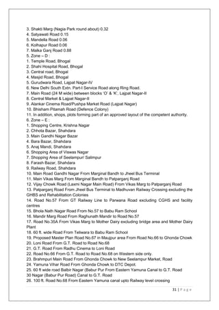 31 | P a g e
3. Shakti Marg (Nagia Park round about) 0.32
4. Satyawati Road 0.15
5. Mandella Road 0.06
6. Kolhapur Road 0.06
7. Malka Ganj Road 0.88
5. Zone – D :
1. Temple Road, Bhogal
2. Shahi Hospital Road, Bhogal
3. Central road, Bhogal
4. Masjid Road, Bhogal
5. Gurudwara Road, Lajpat Nagar-IV
6. New Delhi South Extn. Part-I Service Road along Ring Road.
7. Main Road (24 M wide) between blocks ‗O‘ & ‗K‘, Lajpat Nagar-II
8. Central Market & Lajpat Nagar-II
9. Alankar Cinema Road/Pushpa Market Road (Lajpat Nagar)
10. Bhisham Pitamah Road (Defence Colony)
11. In addition, shops, plots forming part of an approved layout of the competent authority.
6. Zone – E :
1. Shopping Centre, Krishna Nagar
2. Chhota Bazar, Shahdara
3. Main Gandhi Nagar Bazar
4. Bara Bazar, Shahdara
5. Anaj Mandi, Shahdara
6. Shopping Area of Viswas Nagar
7. Shopping Area of Seelampur/ Salimpur
8. Farash Bazar, Shahdara
9. Railway Road, Shahdara
10. Main Road Gandhi Nagar From Marginal Bandh to Jheel Bus Terminal
11. Main Vikas Marg From Marginal Bandh to Patparganj Road
12. Vijay Chowk Road (Laxmi Nagar Main Road) From Vikas Marg to Patparganj Road
13. Patparganj Road From Jheel Bus Terminal to Madhuvan Railway Crossing excluding the
GHBS and Rehabilitation Colonies
14. Road No.57 From GT Railway Line to Parwana Road excluding CGHS and facility
centres
15. Bhola Nath Nagar Road From No.57 to Babu Ram School
16. Mandir Marg Road From Raghunath Mandir to Road No.57
17. Road No.35A From Vikas Marg to Mother Dairy excluding bridge area and Mother Dairy
Plant
18. 60 ft. wide Road From Teliwara to Babu Ram School
19. Proposed Master Plan Road No.67 in Maujpur area From Road No.66 to Ghonda Chowk
20. Loni Road From G.T. Road to Road No.68
21. G.T. Road From Radhu Cinema to Loni Road
22. Road No.66 From G.T. Road to Road No.68 on Western side only.
23. Brahmpuri Main Road From Ghonda Chowk to New Seelampur Market, Road
24. Yamuna Vihar Road From Ghonda Chowk to DTC Depot.
25. 60 ft wide road Balbir Nagar (Babur Pur From Eastern Yamuna Canal to G.T. Road
30 Nagar (Babur Pur Road) Canal to G.T. Road
26. 100 ft. Road No.68 From Eastern Yamuna canal upto Railway level crossing
 