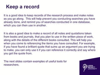 Keep a record
It is a good idea to keep records of the research process and make notes
as you go along. This will help prevent you conducting searches you have
already done, and remind you of searches conducted in one database,
which you can then use in another.
It is also a good idea to make a record of all notes and quotations taken
from books and journals, that you plan to use in the written piece of work,
along with the details of the different books consulted. This will help you
when you come to referencing the items you have consulted. For example,
if you have found a brilliant quote that sums up an argument you are trying
to make, you can only use it if you can reference it correctly and say where
you got the quote from.
The next slides contain examples of useful tools for
researchers.
 