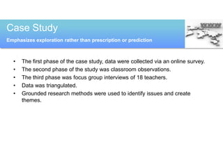 Research questionWhat effect has a comprehensive one-to-one wireless laptop deployment and technology initiative had on business and marketing high school teachers’ technology skills and technology integrationHow has technology (hardware, software) in business and marketing classrooms changed over eight years?
