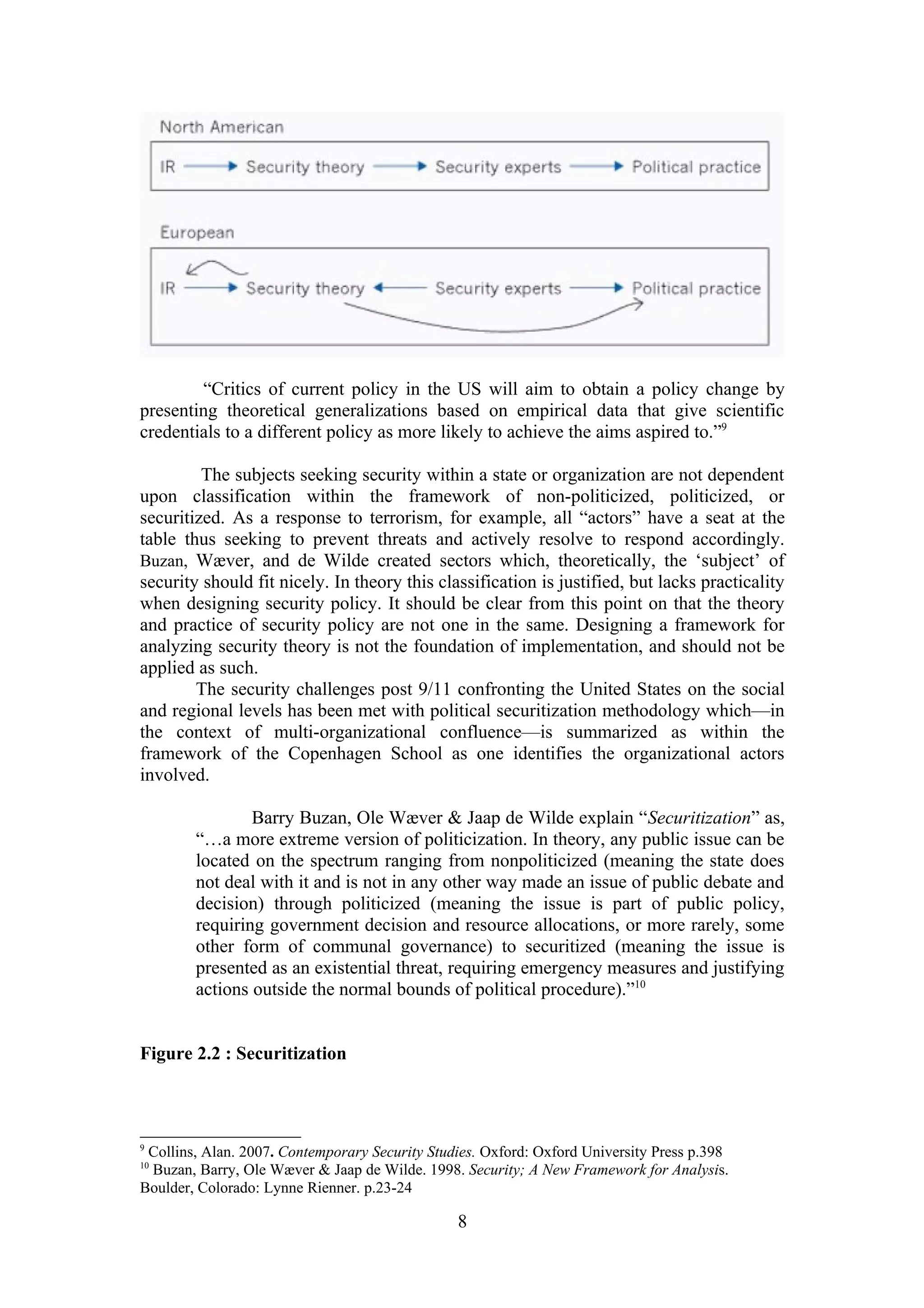 “Critics of current policy in the US will aim to obtain a policy change by
presenting theoretical generalizations based on empirical data that give scientific
credentials to a different policy as more likely to achieve the aims aspired to.”9

         The subjects seeking security within a state or organization are not dependent
upon classification within the framework of non-politicized, politicized, or
securitized. As a response to terrorism, for example, all “actors” have a seat at the
table thus seeking to prevent threats and actively resolve to respond accordingly.
Buzan, Wæver, and de Wilde created sectors which, theoretically, the ‘subject’ of
security should fit nicely. In theory this classification is justified, but lacks practicality
when designing security policy. It should be clear from this point on that the theory
and practice of security policy are not one in the same. Designing a framework for
analyzing security theory is not the foundation of implementation, and should not be
applied as such.
        The security challenges post 9/11 confronting the United States on the social
and regional levels has been met with political securitization methodology which—in
the context of multi-organizational confluence—is summarized as within the
framework of the Copenhagen School as one identifies the organizational actors
involved.

                Barry Buzan, Ole Wæver & Jaap de Wilde explain “Securitization” as,
        “…a more extreme version of politicization. In theory, any public issue can be
        located on the spectrum ranging from nonpoliticized (meaning the state does
        not deal with it and is not in any other way made an issue of public debate and
        decision) through politicized (meaning the issue is part of public policy,
        requiring government decision and resource allocations, or more rarely, some
        other form of communal governance) to securitized (meaning the issue is
        presented as an existential threat, requiring emergency measures and justifying
        actions outside the normal bounds of political procedure).”10


Figure 2.2 : Securitization



9
 Collins, Alan. 2007. Contemporary Security Studies. Oxford: Oxford University Press p.398
10
 Buzan, Barry, Ole Wæver & Jaap de Wilde. 1998. Security; A New Framework for Analysis.
Boulder, Colorado: Lynne Rienner. p.23-24

                                                8
 