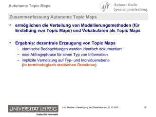 Zusammenfassung Autonome Topic Maps ermöglichen die Verteilung von Modellierungsmethoden (für Erstellung von Topic Maps) und Vokabularen als Topic Maps Ergebnis: dezentrale Erzeugung von Topic Maps identische Beobachtungen werden identisch dokumentiert eine  Abfragephrase für einen Typ von Information implizite Vernetzung auf Typ- und Individuenebene  ( in terminologisch statischen Domänen ) 