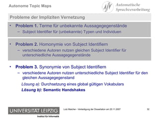 Probleme der Impliziten Vernetzung  Problem 1.  Terme für unbekannte Aussagegegenstände Subject Identifier für (unbekannte) Typen und Individuen  Problem 2.  Homonymie von Subject Identifiern verschiedene Autoren nutzen gleichen Subject Identifier für unterschiedliche Aussagegegenstände Problem 3.  Synonymie von Subject Identifiern verschiedene Autoren nutzen unterschiedliche Subject Identifier für den gleichen Aussagegegenstand Lösung a):  Durchsetzung eines global gültigen Vokabulars Lösung b):  Semantic Handshakes   
