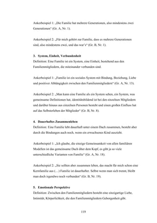119
Ankerbeispiel 1: „Die Familie hat mehrere Generationen, also mindestens zwei
Generationen“ (Gr. A, Nr. 1).
Ankerbeispiel 2: „Für mich gehört zur Familie, dass es mehrere Generationen
sind, also mindestens zwei, und das war’s“ (Gr. B, Nr. 1).
3. System, Einheit, Verbundenheit
Definition: Eine Familie ist ein System, eine Einheit, bestehend aus den
Familienmitgliedern, die miteinander verbunden sind.
Ankerbeispiel 1: „Familie ist ein soziales System mit Bindung, Beziehung, Liebe
und positiver Abhängigkeit zwischen den Familienmitgliedern“ (Gr. A, Nr. 13).
Ankerbeispiel 2: „Man kann eine Familie als ein System sehen, ein System, was
gemeinsame Definitionen hat, identitätsbildend ist bei den einzelnen Mitgliedern
und darüber hinaus aus einzelnen Personen besteht und einen großen Einfluss hat
auf das Selbsterleben der Mitglieder“ (Gr. B, Nr. 8).
4. Dauerhaftes Zusammenleben
Definition: Eine Familie lebt dauerhaft unter einem Dach zusammen, besteht aber
durch die Bindungen auch noch, wenn ein erwachsenes Kind auszieht.
Ankerbeispiel 1: „Ich glaube, die einzige Gemeinsamkeit von allen familiären
Modellen ist das gemeinsame Dach über dem Kopf, es gibt ja so viele
unterschiedliche Varianten von Familie“ (Gr. A, Nr. 18).
Ankerbeispiel 2: „Sie sollten aber zusammen leben, das macht für mich schon eine
Kernfamilie aus (…) Familie ist dauerhafter. Selbst wenn man sich trennt, bleibt
man doch irgendwo noch verbunden“ (Gr. B, Nr. 19).
5. Emotionale Perspektive
Definition: Zwischen den Familienmitgliedern besteht eine einzigartige Liebe,
Intimität, Körperlichkeit, die den Familienmitgliedern Geborgenheit gibt.
 