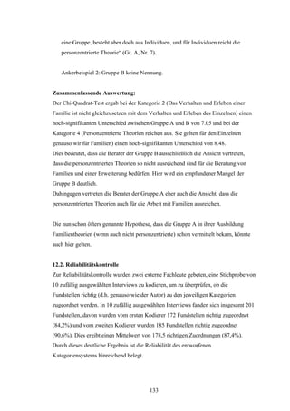 133
eine Gruppe, besteht aber doch aus Individuen, und für Individuen reicht die
personzentrierte Theorie“ (Gr. A, Nr. 7).
Ankerbeispiel 2: Gruppe B keine Nennung.
Zusammenfassende Auswertung:
Der Chi-Quadrat-Test ergab bei der Kategorie 2 (Das Verhalten und Erleben einer
Familie ist nicht gleichzusetzen mit dem Verhalten und Erleben des Einzelnen) einen
hoch-signifikanten Unterschied zwischen Gruppe A und B von 7.05 und bei der
Kategorie 4 (Personzentrierte Theorien reichen aus. Sie gelten für den Einzelnen
genauso wir für Familien) einen hoch-signifikanten Unterschied von 8.48.
Dies bedeutet, dass die Berater der Gruppe B ausschließlich die Ansicht vertreten,
dass die personzentrierten Theorien so nicht ausreichend sind für die Beratung von
Familien und einer Erweiterung bedürfen. Hier wird ein empfundener Mangel der
Gruppe B deutlich.
Dahingegen vertreten die Berater der Gruppe A eher auch die Ansicht, dass die
personzentrierten Theorien auch für die Arbeit mit Familien ausreichen.
Die nun schon öfters genannte Hypothese, dass die Gruppe A in ihrer Ausbildung
Familientheorien (wenn auch nicht personzentrierte) schon vermittelt bekam, könnte
auch hier gelten.
12.2. Reliabilitätskontrolle
Zur Reliabilitätskontrolle wurden zwei externe Fachleute gebeten, eine Stichprobe von
10 zufällig ausgewählten Interviews zu kodieren, um zu überprüfen, ob die
Fundstellen richtig (d.h. genauso wie der Autor) zu den jeweiligen Kategorien
zugeordnet werden. In 10 zufällig ausgewählten Interviews fanden sich insgesamt 201
Fundstellen, davon wurden vom ersten Kodierer 172 Fundstellen richtig zugeordnet
(84,2%) und vom zweiten Kodierer wurden 185 Fundstellen richtig zugeordnet
(90,6%). Dies ergibt einen Mittelwert von 178,5 richtigen Zuordnungen (87,4%).
Durch dieses deutliche Ergebnis ist die Reliabilität des entworfenen
Kategoriensystems hinreichend belegt.
 