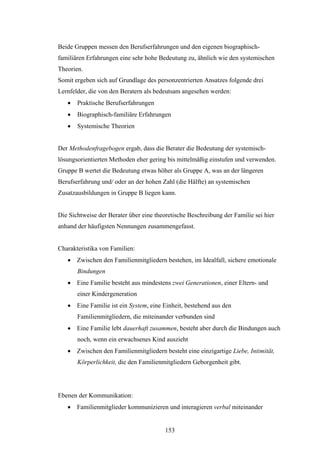 153
Beide Gruppen messen den Berufserfahrungen und den eigenen biographisch-
familiären Erfahrungen eine sehr hohe Bedeutung zu, ähnlich wie den systemischen
Theorien.
Somit ergeben sich auf Grundlage des personzentrierten Ansatzes folgende drei
Lernfelder, die von den Beratern als bedeutsam angesehen werden:
 Praktische Berufserfahrungen
 Biographisch-familiäre Erfahrungen
 Systemische Theorien
Der Methodenfragebogen ergab, dass die Berater die Bedeutung der systemisch-
lösungsorientierten Methoden eher gering bis mittelmäßig einstufen und verwenden.
Gruppe B wertet die Bedeutung etwas höher als Gruppe A, was an der längeren
Berufserfahrung und/ oder an der hohen Zahl (die Hälfte) an systemischen
Zusatzausbildungen in Gruppe B liegen kann.
Die Sichtweise der Berater über eine theoretische Beschreibung der Familie sei hier
anhand der häufigsten Nennungen zusammengefasst.
Charakteristika von Familien:
 Zwischen den Familienmitgliedern bestehen, im Idealfall, sichere emotionale
Bindungen
 Eine Familie besteht aus mindestens zwei Generationen, einer Eltern- und
einer Kindergeneration
 Eine Familie ist ein System, eine Einheit, bestehend aus den
Familienmitgliedern, die miteinander verbunden sind
 Eine Familie lebt dauerhaft zusammen, besteht aber durch die Bindungen auch
noch, wenn ein erwachsenes Kind auszieht
 Zwischen den Familienmitgliedern besteht eine einzigartige Liebe, Intimität,
Körperlichkeit, die den Familienmitgliedern Geborgenheit gibt.
Ebenen der Kommunikation:
 Familienmitglieder kommunizieren und interagieren verbal miteinander
 