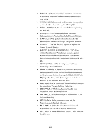 163
 KRÜGER, E. (1993): Kompetenz zur Vermittlung von humanen
Haltungen im Ausbildungs- und Trainingsbereich Erwachsener.
Agst Moers.
 KUNZE, D. (2003): Lerntransfer im Kontext einer personzentriert-
systemischen Erwachsenenbildung. GwG-Verlag Köln.
 KÜHNL, B. (2000): Subjektive Theorien der Erziehungsberatung.
Utz München.
 KÜPPERS, G. (1996): Chaos und Ordnung. Formen der
Selbstorganisation in Natur und Gesellschaft. Reclam Ditzingen.
 LAMNEK, S. (1993): Qualitative Sozialforschung. Band 2:
Methoden und Techniken. Psychologie Verlagsunion Weinheim.
 LANGER, I. / LANGER, S. (2005): Jugendliche begleiten und
beraten. Reinhardt München.
 LAUCHT, M./ ESSER, G./ SCHMIDT, M.H. (1997): Wovor
schützen Schutzfaktoren? Anmerkungen zu einem populären
Konzept der modernen Gesundheitsforschung. Zeitschrift für
Entwicklungspsychologie und Pädagogische Psychologie 29, 260 –
270.
 LISCH, R./ KRIZ, J. (1978): Grundlagen und Modelle der
Inhaltsanalyse. Rowohlt Reinbeck.
 LÖSEL, F./ BENDER, D. (2008): Von generellen Schutzfaktoren
zu spezifischen protektiven Prozessen: Konzeptuelle Grundlagen
und Ergebnisse der Resilienzforschung. In: OPP, G./ FINGERLE,
M. (Hrsg.): Was Kinder stärkt. Erziehung zwischen Risiko und
Resilienz. 3. Aufl. Reinhardt München: 57-78.
 LUDEWIG, K. (2005): Einführung in die theoretischen Grundlagen
der systemischen Therapie. Carl-Auer Heidelberg.
 LUHMANN, N. (1984): Soziale Systeme. Grundriß einer
allgemeinen Theorie. Suhrkamp Frankfurt.
 LUHMANN, N. (2009): Einführung in die Systemtheorie. 3. Aufl.
Carl-Auer Heidelberg.
 LUX, M. (2007): Der Personzentrierte Ansatz und die
Neurowissenschaft. Reinhardt München.
 MATURANA, H. (1982): Erkennen: Die Organisation und
Verkörperung von Wirklichkeit. Vieweg Braunschweig.
 MATURANA, H. (2008): Biologie der Realität. 3. Aufl. Suhrkamp
Frankfurt a.M.
 