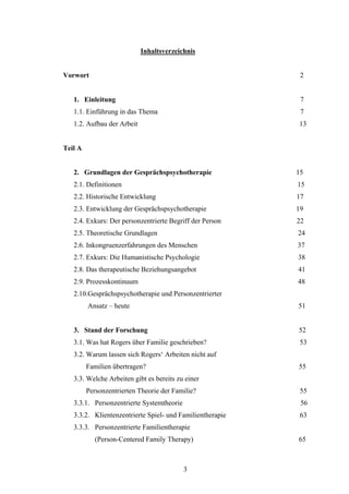 3
Inhaltsverzeichnis
Vorwort 2
1. Einleitung 7
1.1. Einführung in das Thema 7
1.2. Aufbau der Arbeit 13
Teil A
2. Grundlagen der Gesprächspsychotherapie 15
2.1. Definitionen 15
2.2. Historische Entwicklung 17
2.3. Entwicklung der Gesprächspsychotherapie 19
2.4. Exkurs: Der personzentrierte Begriff der Person 22
2.5. Theoretische Grundlagen 24
2.6. Inkongruenzerfahrungen des Menschen 37
2.7. Exkurs: Die Humanistische Psychologie 38
2.8. Das therapeutische Beziehungsangebot 41
2.9. Prozesskontinuum 48
2.10.Gesprächspsychotherapie und Personzentrierter
Ansatz – heute 51
3. Stand der Forschung 52
3.1. Was hat Rogers über Familie geschrieben? 53
3.2. Warum lassen sich Rogers‘ Arbeiten nicht auf
Familien übertragen? 55
3.3. Welche Arbeiten gibt es bereits zu einer
Personzentrierten Theorie der Familie? 55
3.3.1. Personzentrierte Systemtheorie 56
3.3.2. Klientenzentrierte Spiel- und Familientherapie 63
3.3.3. Personzentrierte Familientherapie
(Person-Centered Family Therapy) 65
 