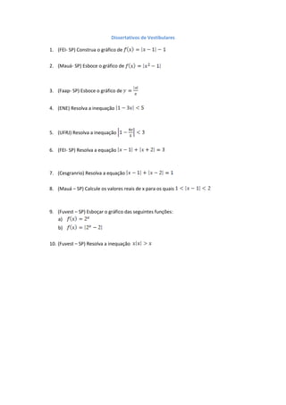 Dissertativos de Vestibulares

1. (FEI- SP) Construa o gráfico de


2. (Mauá- SP) Esboce o gráfico de



3. (Faap- SP) Esboce o gráfico de


4. (ENE) Resolva a inequação



5. (UFRJ) Resolva a inequação


6. (FEI- SP) Resolva a equação



7. (Cesgranrio) Resolva a equação

8. (Mauá – SP) Calcule os valores reais de x para os quais



9. (Fuvest – SP) Esboçar o gráfico das seguintes funções:
   a)
    b)


10. (Fuvest – SP) Resolva a inequação
 