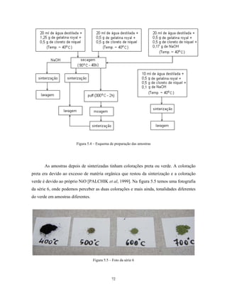 Figura 5.4 – Esquema de preparação das amostras




       As amostras depois de sinterizadas tinham colorações preta ou verde. A coloração
preta era devido ao excesso de matéria orgânica que restou da sinterização e a coloração
verde é devido ao próprio NiO [PALCHIK et al, 1999]. Na figura 5.5 temos uma fotografia
da série 6, onde podemos perceber as duas colorações e mais ainda, tonalidades diferentes
do verde em amostras diferentes.




                                   Figura 5.5 – Foto da série 6




                                               72
 
