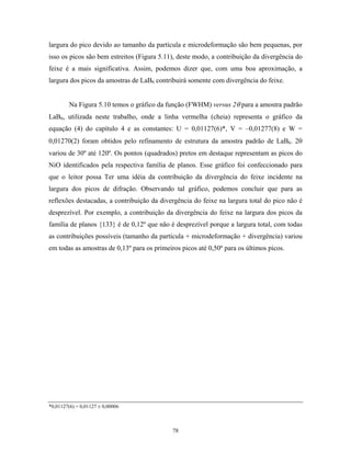 largura do pico devido ao tamanho da partícula e microdeformação são bem pequenas, por
isso os picos são bem estreitos (Figura 5.11), deste modo, a contribuição da divergência do
feixe é a mais significativa. Assim, podemos dizer que, com uma boa aproximação, a
largura dos picos da amostras de LaB6 contribuirá somente com divergência do feixe.


         Na Figura 5.10 temos o gráfico da função (FWHM) versus 2θ para a amostra padrão
LaB6, utilizada neste trabalho, onde a linha vermelha (cheia) representa o gráfico da
equação (4) do capítulo 4 e as constantes: U = 0,01127(6)*, V = –0,01277(8) e W =
0,01270(2) foram obtidos pelo refinamento de estrutura da amostra padrão de LaB6. 2θ
variou de 30º até 120º. Os pontos (quadrados) pretos em destaque representam as picos do
NiO identificados pela respectiva família de planos. Esse gráfico foi confeccionado para
que o leitor possa Ter uma idéia da contribuição da divergência do feixe incidente na
largura dos picos de difração. Observando tal gráfico, podemos concluir que para as
reflexões destacadas, a contribuição da divergência do feixe na largura total do pico não é
desprezível. Por exemplo, a contribuição da divergência do feixe na largura dos picos da
família de planos {133} é de 0,12º que não é desprezível porque a largura total, com todas
as contribuições possíveis (tamanho da partícula + microdeformação + divergência) variou
em todas as amostras de 0,13º para os primeiros picos até 0,50º para os últimos picos.




*0,01127(6) = 0,01127 ± 0,00006



                                             78
 