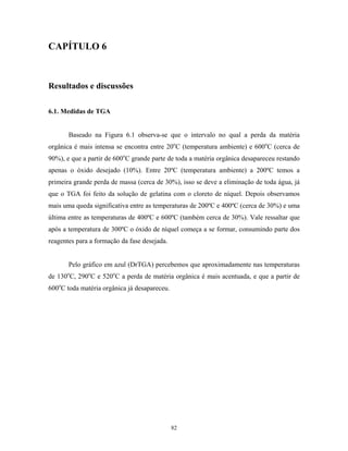 CAPÍTULO 6



Resultados e discussões

6.1. Medidas de TGA


       Baseado na Figura 6.1 observa-se que o intervalo no qual a perda da matéria
orgânica é mais intensa se encontra entre 20oC (temperatura ambiente) e 600oC (cerca de
90%), e que a partir de 600oC grande parte de toda a matéria orgânica desapareceu restando
apenas o óxido desejado (10%). Entre 20ºC (temperatura ambiente) a 200ºC temos a
primeira grande perda de massa (cerca de 30%), isso se deve a eliminação de toda água, já
que o TGA foi feito da solução de gelatina com o cloreto de níquel. Depois observamos
mais uma queda significativa entre as temperaturas de 200ºC e 400ºC (cerca de 30%) e uma
última entre as temperaturas de 400ºC e 600ºC (também cerca de 30%). Vale ressaltar que
após a temperatura de 300ºC o óxido de níquel começa a se formar, consumindo parte dos
reagentes para a formação da fase desejada.


       Pelo gráfico em azul (DrTGA) percebemos que aproximadamente nas temperaturas
de 130 C, 290oC e 520oC a perda de matéria orgânica é mais acentuada, e que a partir de
      o


600oC toda matéria orgânica já desapareceu.




                                              82
 