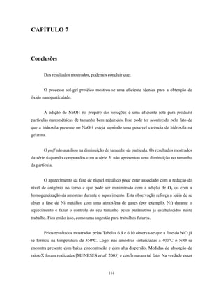 CAPÍTULO 7



Conclusões

       Dos resultados mostrados, podemos concluir que:


       O processo sol-gel protéico mostrou-se uma eficiente técnica para a obtenção de
óxido nanopartículado.


       A adição de NaOH no preparo das soluções é uma eficiente rota para produzir
partículas nanométricas de tamanho bem reduzidos. Isso pode ter acontecido pelo fato de
que a hidroxila presente no NaOH esteja suprindo uma possível carência de hidroxila na
gelatina.


       O puff não auxiliou na diminuição do tamanho da partícula. Os resultados mostrados
da série 6 quando comparados com a série 5, não apresentou uma diminuição no tamanho
da partícula.


       O aparecimento da fase de níquel metálico pode estar associado com a redução do
nível de oxigênio no forno e que pode ser minimizado com a adição de O2 ou com a
homogeneização da amostras durante o aquecimento. Esta observação reforça a idéia de se
obter a fase de Ni metálico com uma atmosfera de gases (por exemplo, N2) durante o
aquecimento e fazer o controle do seu tamanho pelos parâmetros já estabelecidos neste
trabalho. Fica então isso, como uma sugestão para trabalhos futuros.


       Pelos resultados mostrados pelas Tabelas 6.9 e 6.10 observa-se que a fase do NiO já
se formou na temperatura de 350ºC. Logo, nas amostras sinterizadas a 400ºC o NiO se
encontra presente com baixa concentração e com alta dispersão. Medidas de absorção de
raios-X foram realizadas [MENESES et al, 2005] e confirmaram tal fato. Na verdade essas



                                            114
 