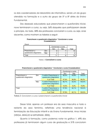 101
os dois coordenadores do laboratório de informática, sendo um do grupo
atendido na formação e o outro do grupo de 5ª a 8ª séries do Ensino
Fundamental.
Dos dezesseis educadores que preencheram o questionário inicial,
nove terminaram o curso, ou seja, 56% daqueles que participaram desde
o princípio. Ao todo, 58% dos professores concluíram o curso, ou seja, onze
docentes, como mostram as tabelas a seguir:
Preencheram o questionário diagnóstico * Concluíram o curso
Crosstabulation
Count
9 7 16
2 1 3
11 8 19
Sim
Não
Preencheram o
questionário diagnóstico
Total
Sim Não
Concluíram o curso
Total
Tabela 1: Concluíram o curso
Preencheram o questionário diagnóstico * Concluíram o curso Crosstabulation
56,3% 43,8% 100,0%
47,4% 36,8% 84,2%
66,7% 33,3% 100,0%
10,5% 5,3% 15,8%
57,9% 42,1% 100,0%
57,9% 42,1% 100,0%
% within Preencheram o
questionário diagnóstico
% of Total
% within Preencheram o
questionário diagnóstico
% of Total
% within Preencheram o
questionário diagnóstico
% of Total
Sim
Não
Preencheram o
questionário diagnóstico
Total
Sim Não
Concluíram o curso
Total
Tabela 2: Concluíram o curso / preencheram o questionário inicial
Desse total, apenas um professor era do sexo masculino e todo o
restante do sexo feminino, refletindo uma tendência nacional à
feminização da Educação Infantil e do Ensino Fundamental, Anos Iniciais
(VEIGA, ARAÚJO & KAPUZINIAK, 2005).
Quanto à formação, como podemos notar no gráfico 1, 69% dos
professores já terminaram algum curso de graduação e 31% concluíram
 