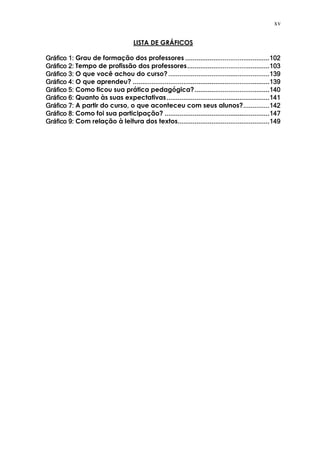 xv
LISTA DE GRÁFICOS
Gráfico 1:Gráfico 1:Gráfico 1:Gráfico 1: Grau de formação dos professores ....................................................................................................................................................................................102102102102
Gráfico 2:Gráfico 2:Gráfico 2:Gráfico 2: Tempo de profissão dos professores................................................................................................................................................................................103103103103
Gráfico 3:Gráfico 3:Gráfico 3:Gráfico 3: O que você achou do curso? ........................................................................................................................................................................................................................139139139139
Gráfico 4:Gráfico 4:Gráfico 4:Gráfico 4: O que aprendeu? ....................................................................................................................................................................................................................................................................................................139139139139
Gráfico 5:Gráfico 5:Gráfico 5:Gráfico 5: Como ficou sua prática pedagógica?................................................................................................................................................................140140140140
Gráfico 6:Gráfico 6:Gráfico 6:Gráfico 6: Quanto às suas expectativas............................................................................................................................................................................................................................141141141141
Gráfico 7:Gráfico 7:Gráfico 7:Gráfico 7: A partir do curso, o que aconteceu com seus alunos?........................................................142142142142
Gráfico 8:Gráfico 8:Gráfico 8:Gráfico 8: Como foi sua participação? ................................................................................................................................................................................................................................147147147147
Gráfico 9:Gráfico 9:Gráfico 9:Gráfico 9: Com relação à leitura dos textos....................................................................................................................................................................................................149149149149
 