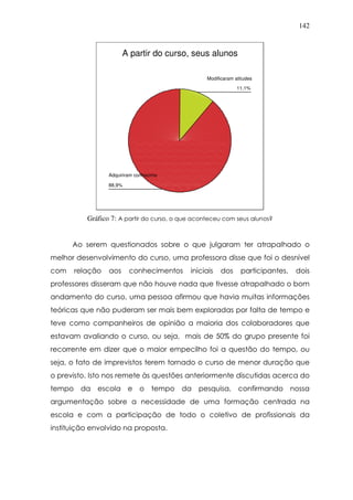142
A partir do curso, seus alunos
88,9%
11,1%
Adquiriram conhecime
Modificaram atitudes
Gráfico 7: A partir do curso, o que aconteceu com seus alunos?
Ao serem questionados sobre o que julgaram ter atrapalhado o
melhor desenvolvimento do curso, uma professora disse que foi o desnível
com relação aos conhecimentos iniciais dos participantes, dois
professores disseram que não houve nada que tivesse atrapalhado o bom
andamento do curso, uma pessoa afirmou que havia muitas informações
teóricas que não puderam ser mais bem exploradas por falta de tempo e
teve como companheiros de opinião a maioria dos colaboradores que
estavam avaliando o curso, ou seja, mais de 50% do grupo presente foi
recorrente em dizer que o maior empecilho foi a questão do tempo, ou
seja, o fato de imprevistos terem tornado o curso de menor duração que
o previsto. Isto nos remete às questões anteriormente discutidas acerca do
tempo da escola e o tempo da pesquisa, confirmando nossa
argumentação sobre a necessidade de uma formação centrada na
escola e com a participação de todo o coletivo de profissionais da
instituição envolvido na proposta.
 