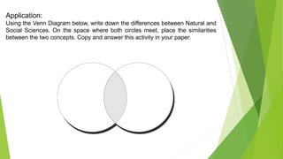 Application:
Using the Venn Diagram below, write down the differences between Natural and
Social Sciences. On the space where both circles meet, place the similarities
between the two concepts. Copy and answer this activity in your paper.
 