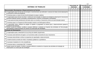 142
                                                                                                                             Intensidade de    Importância para
                                              SISTEMAS DE TRABALHO                                                              Aplicação        a estratégia
                                                                                                                         1     2   3   4   5   1   2   3    4    5
Remuneração, Recompensa e Desenvolvimento de Carreira
20   A organização possui formas de remuneração e reconhecimento que estimulam o alcance de metas de alto desempenho
.    e promovem a cultura da excelência.
21
.
     A empresa possui um plano formal de administração de cargos e salários.
22   A organização possui formas de alinhar o sistema de remuneração ao sistema de avaliação de desempenho favorecendo
.    aumentos salariais (méritos, promoções, enquadramentos, incentivos, bonificações e premiações).
23
.
     O corpo gerencial está devidamente informado sobre os conceitos e mecanismos internos da administração salarial.
24
.
     A empresa possui um Programa de Remuneração Variável e de Distribuição de Bônus.
25   A organização possui métodos de rotação no trabalho e progressão na carreira para o desenvolvimento pessoal e
.    profissional das pessoas.
26   Existem grupos de trabalho, comitês ou equipes refletindo e avaliando os impactos das atividades de Remuneração,
.    Recompensa e Desenvolvimento de Carreira na consecução das estratégias.
Avaliação de Desempenho
27
.
     A organização avalia o desempenho da sua força de trabalho regularmente.
28
.
     O processo está totalmente divulgado e os funcionários estão conscientes de seus mecanismos.
29
.
     O processo está alinhado e enfoca os programas de capacitação e desenvolvimento.
30
.
     O sistema aborda conceitos de metas e resultados qualitativos e quantitativos.
31
.
     O processo é baseado em rol de competências.
32
.
     A empresa aplica a metodologia 360° e Feedback.
33   Existem grupos de trabalho, comitês ou equipes refletindo e avaliando os impactos das atividades de Avaliação de
.    Desempenho na consecução das estratégias.
 