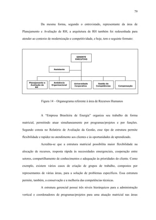 79



               Da mesma forma, segundo o entrevistado, representante da área de

Planejamento e Avaliação de RH, a arquitetura de RH também foi redesenhada para

atender ao contexto de modernização e competitividade, e hoje, tem o seguinte formato:




                                          GERENTE
                                         EXECUTIVO




                         Assistente




     Planejamento e      Ambiência
                                         Universidade       Gestão de
      Avaliação de     Organizacional
                                         Corporativa      Competências     Compensação
          RH




               Figura 14 – Organograma referente à área de Recursos Humanos



               A “Empresa Brasileira de Energia” organiza seu trabalho de forma

matricial, permitindo atuar simultaneamente por programas/projetos e por funções.

Segundo consta no Relatório de Avaliação da Gestão, esse tipo de estrutura permite

flexibilidade e rapidez no atendimento aos clientes e às oportunidades de aprendizado.

               Acredita-se que a estrutura matricial possibilita maior flexibilidade na

alocação de recursos, resposta rápida às necessidades emergenciais, cooperação entre

setores, compartilhamento de conhecimentos e adequação às prioridades do cliente. Como

exemplo, existem vários casos de criação de grupos de trabalho, compostos por

representantes de várias áreas, para a solução de problemas específicos. Essa estrutura

permite, também, a conservação e a melhoria das competências técnicas.

               A estrutura gerencial possui três níveis hierárquicos para a administração

vertical e coordenadores de programas/projetos para uma atuação matricial nas áreas
 
