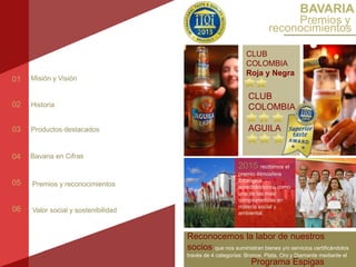 01
02
03
04
05
06
Misión y Visión
Historia
Productos destacados
Bavaria en Cifras
Premios y reconocimientos
Valor social y sostenibilidad
BAVARIA
Premios y
CLUB
COLOMBIA
Roja y Negra
CLUB
COLOMBIA
AGUILA
2015 recibimos el
premio Atmosfera
Ecológica
acreditándonos como
una de las más
comprometidas en
materia social y
ambiental.
Reconocemos la labor de nuestros
socios que nos suministran bienes y/o servicios certificándolos
través de 4 categorías: Bronce, Plata, Oro y Diamante mediante el
reconocimientos
Programa Espigas
 