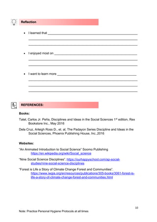 10
Note: Practice Personal Hygiene Protocols at all times
• I learned that ___________________________________________________
______________________________________________________________
______________________________________________________________
• I enjoyed most on _______________________________________________
______________________________________________________________
______________________________________________________________
• I want to learn more _____________________________________________
______________________________________________________________
______________________________________________________________
______________________________________________________________
BOOKS: (APA STYLE)
Books:
Tatel, Carlos Jr. Peña, Disciplines and Ideas in the Social Sciences 1st
edition, Rex
Bookstore Inc., May 2016
Dela Cruz, Arleigh Ross D., et. al, The Padayon Series Discipline and Ideas in the
Social Sciences, Phoenix Publishing House, Inc.,2016
Websites:
“An Animated Introduction to Social Science” Soomo Publishing
https://en.wikipedia.org/wiki/Social_science
“Nine Social Science Disciplines”. https://ourhappyschool.com/ap-social-
studies/nine-social-science-disciplines
“Forest is Life a Story of Climate Change Forest and Communities”.
https://www.iwgia.org/en/resources/publications/305-books/3061-forest-is-
life-a-story-of-climate-change-forest-and-communities.html
Reflection
REFERENCES:
 